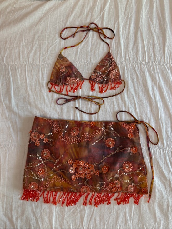 Jaded London Other - Jaded London Melona Embellished Bikini & Wrap Mini Skirt In Tangerine